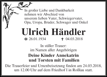 Traueranzeige von Ulrich Händler von WVG - Wochenspiegel Dessau / Köthen
