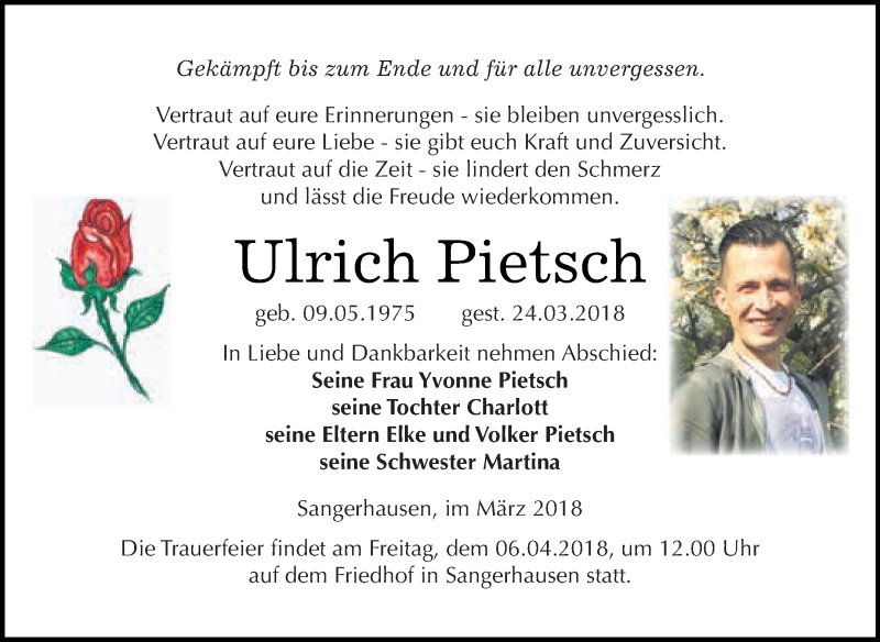  Traueranzeige für Ulrich Pietsch vom 31.03.2018 aus Super Sonntag SGH Mansf. Land