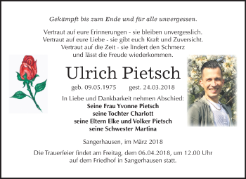 Traueranzeige von Ulrich Pietsch von Mitteldeutsche Zeitung Sangerhausen