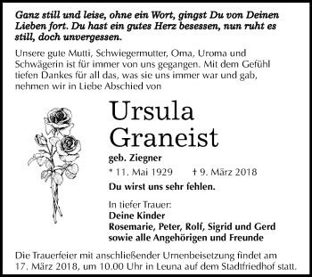 Traueranzeige von Ursula Graneist von Mitteldeutsche Zeitung Merseburg/Querfurt