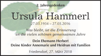 Traueranzeige von Ursula Hammerl von WVG - Wochenspiegel Bitterfeld