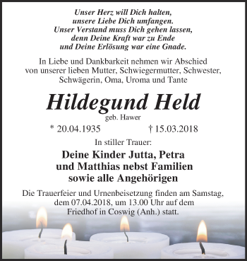 Traueranzeige von Ursula Hoppe von Mitteldeutsche Zeitung Köthen