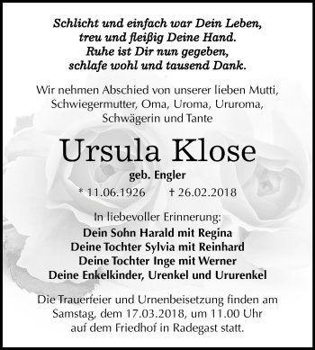 Traueranzeige von Ursula Klose von Mitteldeutsche Zeitung