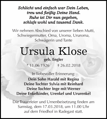 Traueranzeige von Ursula Klose von WVG - Wochenspiegel Dessau / Köthen