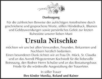 Traueranzeige von Ursula Nitschke von WVG - Wochenspiegel Dessau / Köthen