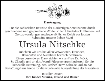 Traueranzeige von Ursula Nitschke von WVG - Wochenspiegel Dessau / Köthen