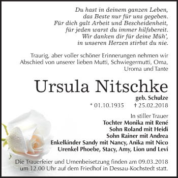 Traueranzeige von Ursula Nitschke von Mitteldeutsche Zeitung