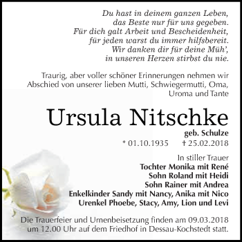 Traueranzeige von Ursula Nitschke von WVG - Wochenspiegel Dessau / Köthen