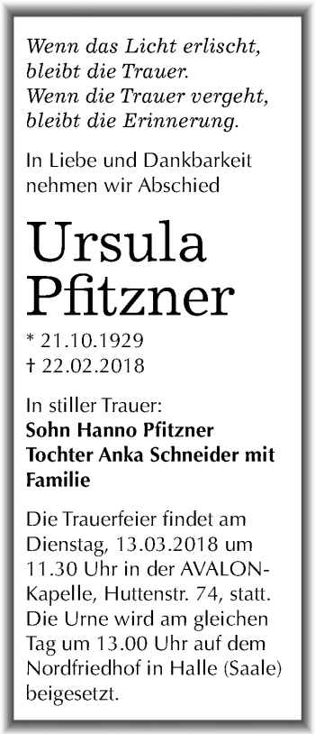 Traueranzeige von Ursula Pfitzner von Mitteldeutsche Zeitung Halle/Saalkreis