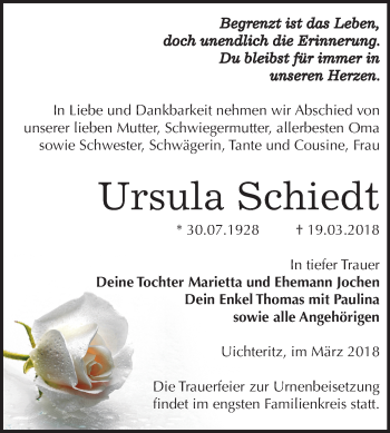 Traueranzeige von Ursula Schiedt von Mitteldeutsche Zeitung Weißenfels