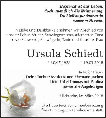 Traueranzeige von Ursula Schiedt von WVG - Wochenspiegel NMB / WSF / ZTZ