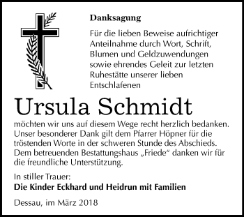 Traueranzeige von Ursula Schmidt von Mitteldeutsche Zeitung Dessau-Roßlau