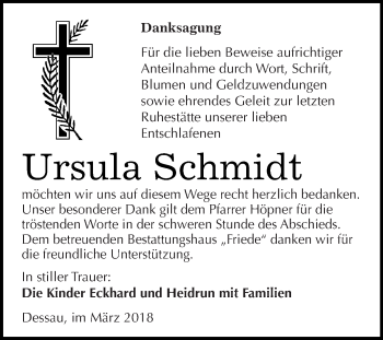 Traueranzeige von Ursula Schmidt von WVG - Wochenspiegel Dessau / Köthen
