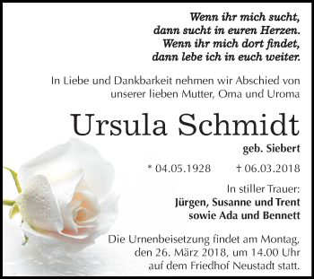 Traueranzeige von Ursula Schmidt von Mitteldeutsche Zeitung Halle/Saalkreis