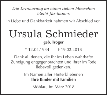 Traueranzeige von Ursula Schmieder von WVG - Wochenspiegel Wittenberg