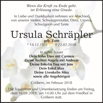 Traueranzeige von Ursula Schräpler von WVG - Wochenspiegel Bitterfeld