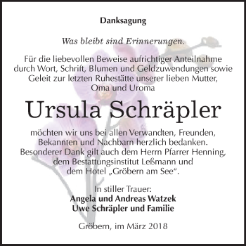 Traueranzeige von Ursula Schräpler von Mitteldeutsche Zeitung Bitterfeld