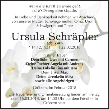 Traueranzeige von Ursula Schräpler von Mitteldeutsche Zeitung Bitterfeld