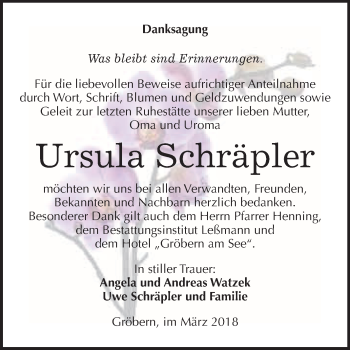 Traueranzeige von Ursula Schräpler von WVG - Wochenspiegel Bitterfeld