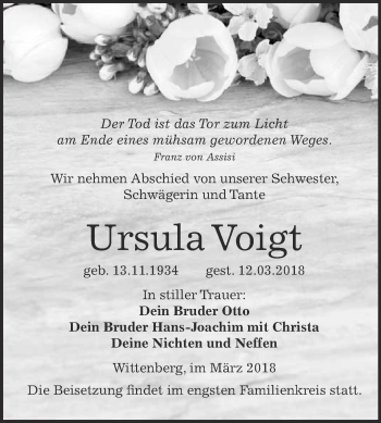 Traueranzeige von Ursula Voigt von WVG - Wochenspiegel Wittenberg