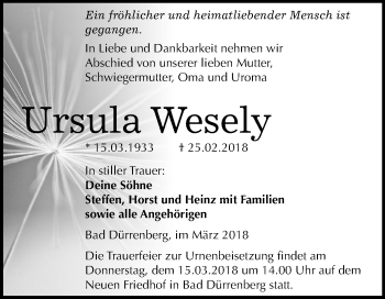 Traueranzeige von Ursula Wesely von Mitteldeutsche Zeitung Merseburg/Querfurt