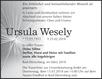 Traueranzeige von Ursula Wesely von Super Sonntag Merseburg