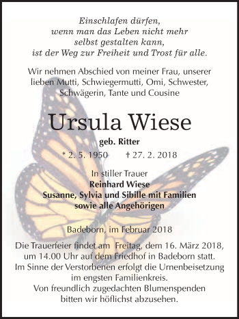 Traueranzeige von Ursula Wiese von WVG - Wochenspiegel Quedlinburg