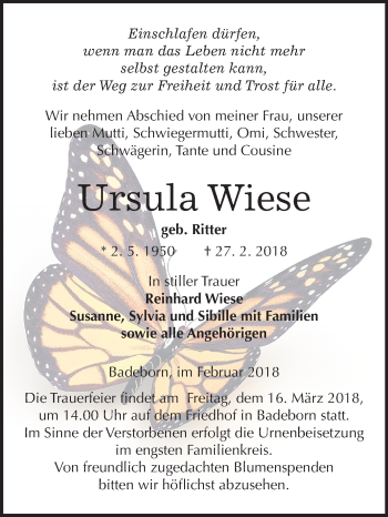 Traueranzeige von Ursula Wiese von Mitteldeutsche Zeitung Quedlinburg
