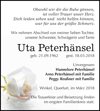 Traueranzeige von Uta Peterhänsel von Super Sonntag SGH Mansf. Land