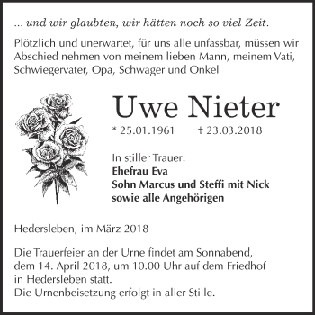 Traueranzeige von Uwe Nieter von WVG - Wochenspiegel Quedlinburg