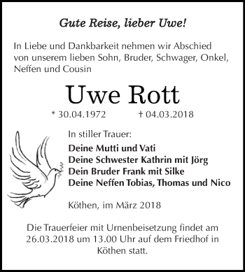 Traueranzeige von Uwe Rott von WVG - Wochenspiegel Dessau / Köthen