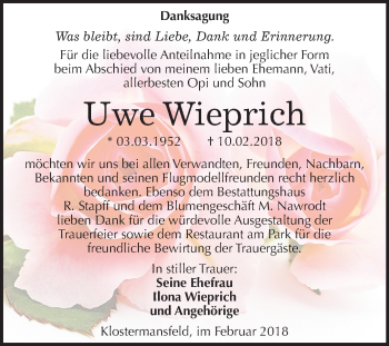 Traueranzeige von Uwe Wieprich von Mitteldeutsche Zeitung