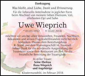 Traueranzeige von Uwe Wieprich von Wochenspiegel Mansfelder Land