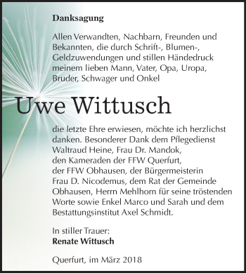 Traueranzeige von Uwe Wittusch von Mitteldeutsche Zeitung