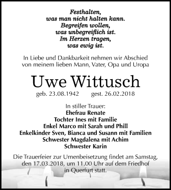 Traueranzeige von Uwe Wittusch von WVG - Wochenspiegel Merseburg