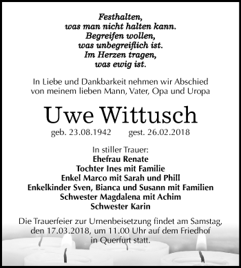 Traueranzeige von Uwe Wittusch von Mitteldeutsche Zeitung