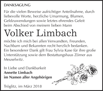 Traueranzeige von Volker Limbach von Super Sonntag Zeitz