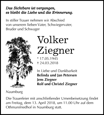 Traueranzeige von Volker Ziegner von Mitteldeutsche Zeitung