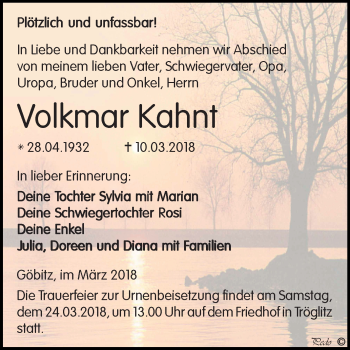 Traueranzeige von Volkmar Kahnt von Mitteldeutsche Zeitung Zeitz