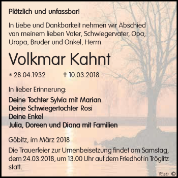 Traueranzeige von Volkmar Kahnt von Super Sonntag Zeitz