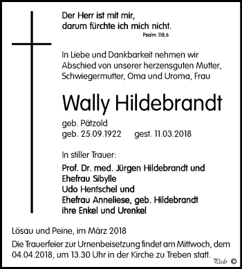 Traueranzeige von Wally Hildebrandt von Mitteldeutsche Zeitung Weißenfels