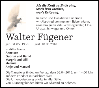 Traueranzeige von Walter Fügener von WVG - Wochenspiegel Quedlinburg