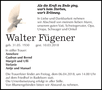 Traueranzeige von Walter Fügener von Mitteldeutsche Zeitung