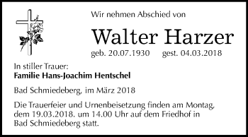 Traueranzeige von Walter Harzer von WVG - Wochenspiegel Wittenberg