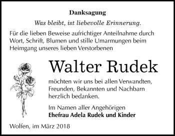 Traueranzeige von Walter Rudek von Mitteldeutsche Zeitung Bitterfeld