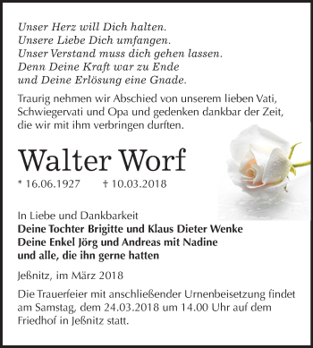 Traueranzeige von Walter Worf von Mitteldeutsche Zeitung Bitterfeld