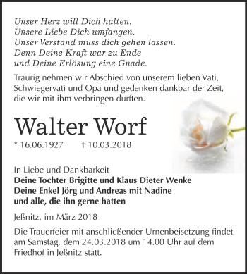 Traueranzeige von Walter Worf von WVG - Wochenspiegel Bitterfeld