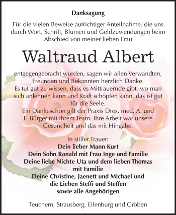 Traueranzeige von Waltraud Albert von Mitteldeutsche Zeitung Weißenfels