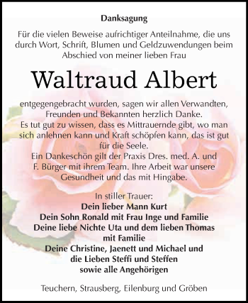 Traueranzeige von Waltraud Albert von WVG - Wochenspiegel NMB / WSF / ZTZ