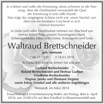 Traueranzeige von Waltraud Brettschneider von Wochenspiegel Mansfelder Land